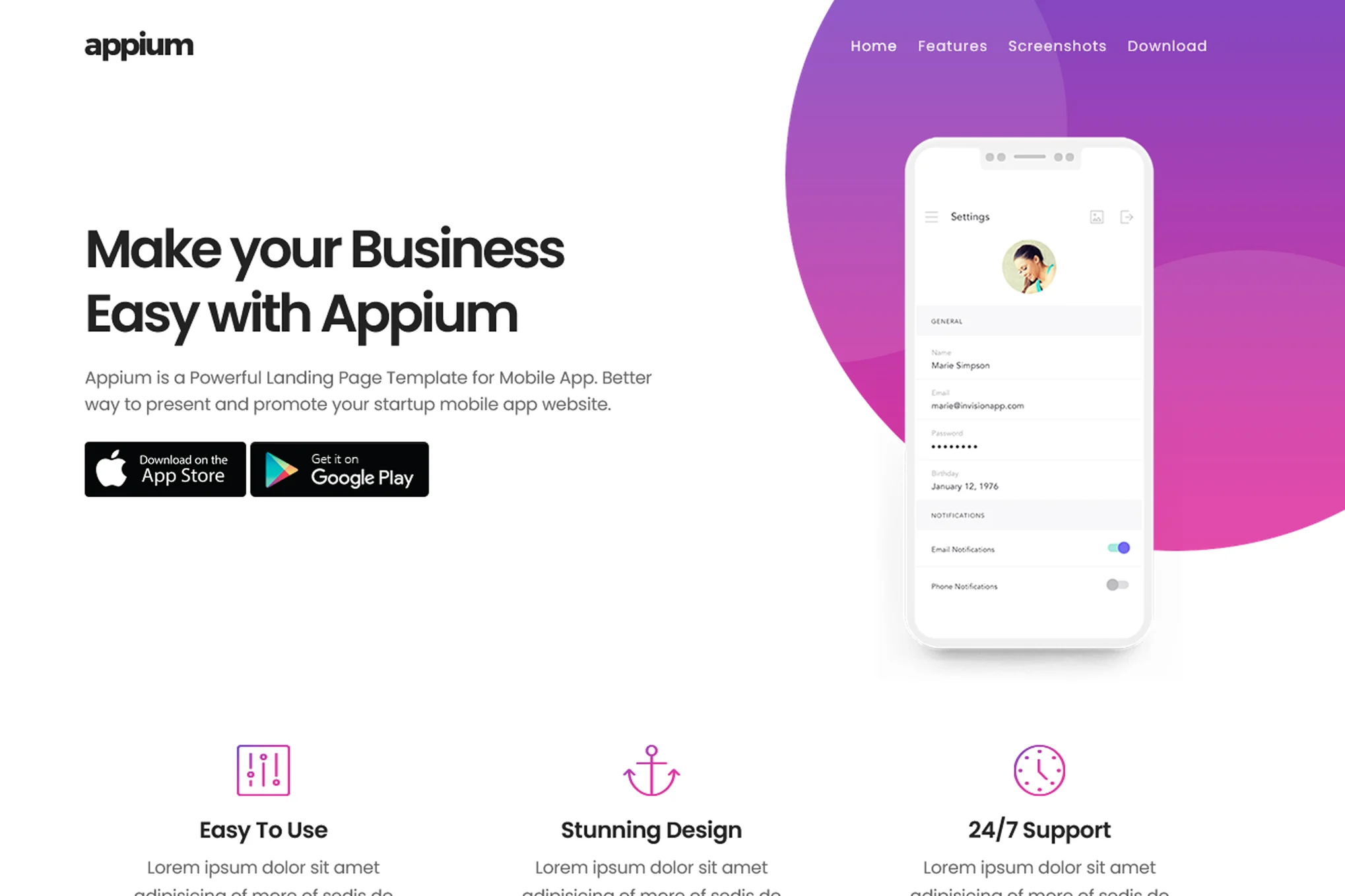 Appium – App Landing Page Template